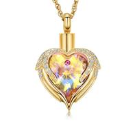 ZEZILE Angel Wings Urn Necklace for Ashes Heart Crystal Cremation Jewelry Stainless Steel Memorial Keepsake Ash Pendant for Men Women