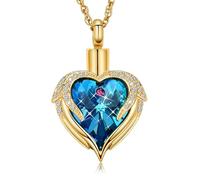 ZEZILE Angel Wings Urn Necklace for Ashes Heart Crystal Cremation Jewelry Stainless Steel Memorial Keepsake Ash Pendant for Men Women