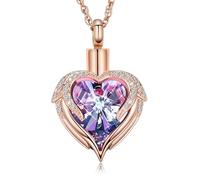 ZEZILE Angel Wings Urn Necklace for Ashes Heart Crystal Cremation Jewelry Stainless Steel Memorial Keepsake Ash Pendant for Men Women