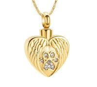ZEZILE Pet Paw Print Heart Urn Necklace for Ashes for Dog Cat Stainless Steel Angel Wing Heart Urn Locket Pendant