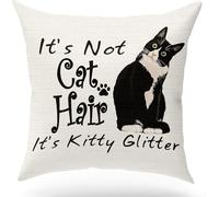 ZFENGYYUAN Black Cat Cushion Cover Print Linen Pillow Case Cushion Throw Cover Home Sofa Cafe Decor,It's Not Cat Hair It's Kitty Glitter, 18x18 Inches Pillow Covers for Sofa Couch Bed Home Decor