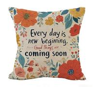 ZFENGYYUAN Every day is new beginning Cushion Cover Cotton Linen Home Farmhouse Decor Pillowcase Throw Pillow 18 x 18 Inches Inspirational Letters with Beautiful Flowers Leaves