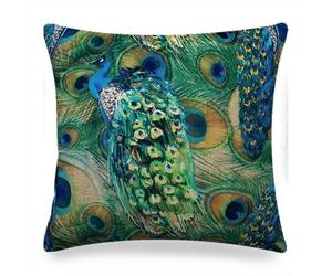 ZFENGYYUAN Linen Peacock Procession Cushion Cover Bright Modern Blue & Green Peacock Feathers Backed With A Plain beige linen 17x17 Square Cushion Cover Only home decor sofa car office bedding