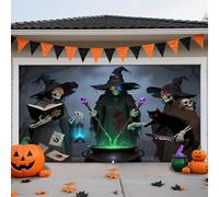 ZFFLYH Halloween Garage Door Cover, Large Hanging Garage Door Banner Backdrop Horror Halloween Wall Decorations for Outdoor Indoor Home House Party,Witch Skeleton,8 * 7FT