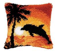 ZFFLYH Latch Hook Kit Pillow, Sunset Dolphin DIY Throw Pillow Cover Sofa Cushion Cover Rug Shaggy Decorations for Kids Adults Beginners 17" X 17"