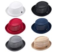 ZffXH lot 6 Pack Trilby Mesh Pork Pie Hat Summer Straw Fedora Cap Bowler Flat Top Sun Hat UK Lady Men Women