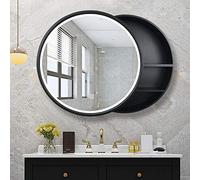 ZFGOJNBH Round Solid Wood LED Illuminated Bathroom Mirror Cabinet with Touch Switch (Explosion Proof) Wall Mounted Vanity Mirror with Storage
