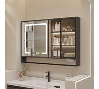 ZFGOJNBH Smart Solid Wood Bathroom Medicine Cabinet with LED Mirror and Storage Anti Fog Paper Hole Time and Temperature Display Towel Bar