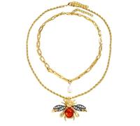 ZFHTJEKNCS Double Layer Bee And Faux Pearl Pendant Chain Necklace For Women Vintage Red Crystal Jewelry Party Statement Accessory Gift