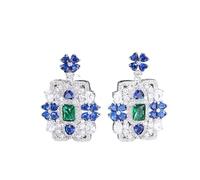 ZFHTJEKNCS French Vintage Palace Style Blue White Zircon Flower Square Pendant Earrings for Women Exquisite Light Luxury