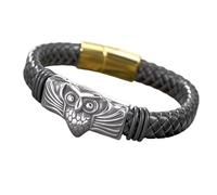 ZFHTJEKNCS Punk Flying Eagle Owl Bangle Bracelet 20cm Black Leather Wristband for Men Stainless Steel