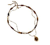 ZFHTJEKNCS Retro Temperament Layered Tiger Eye Stone Pendant Necklace For Women Stainless steel Double-Layer Collarbone Chain Sets Jewelry