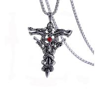 ZFHTJEKNCS Winding Cross Pendant Necklace Cool Hip Hop Red Stone Vintage Silver Color Stainless Steel Chain Women Men Punk Gifts