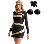 ZFIHAV Cheerleader Uniform Womens Cheerleading Outfit Long Sleeve Metallic Patchwork Dress Adults Cheerleader Costume Dancewear For Dance Cheering Props For Women(Black,L)