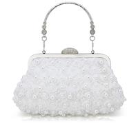ZFIHAV Embroidery Evening Bag Bright Silk Evening Bag Fashion Circular Rhinestone Decorative Chain Banquet Clutch Shoulder Bags Wedding Party For Women(White)