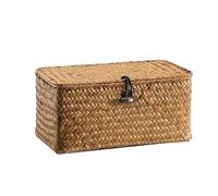 ZFIHAV Rattan Decorative Box Wicker Storage Basket Woven Rattan Laundry With Lid Straw Weaving Box Solid(32x22x13cm)