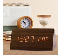 Zfish Digital Alarm Clock, Wooden Electronic LED Time Display & Temperature Detect, USB Port, 3 Alarm Settings, Wood Made Electric Clocks for Bedroom, Bedside (Brown)