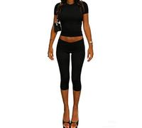 ZFLM casual sports women's two-piece set with short sleeves exposed navel high waistfoldable cropped pants sports suit, Black, S
