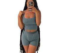 ZFLM Casual Workout Sets Two Piece Outfits for Women Ribbed Crop Tank Top High Waist Yoga Leggings Active Wear, Grey-shorts, Medium
