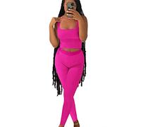ZFLM Casual Workout Sets Two Piece Outfits for Women Ribbed Crop Tank Top High Waist Yoga Leggings Active Wear, Fuchsia, Small