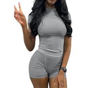 ZFLM Casual Workout Two Piece Outfits for Women Fitted Crew Neck T-shirt High Waist Pants Matching Sets Streetwear, Silver Grey-short, M