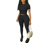 ZFLM Casual Workout Two Piece Outfits for Women Fitted Crew Neck T-shirt High Waist pants Matching Sets Streetwear, Black, M