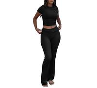 ZFLM Casual Workout Two Piece Outfits for Women Short Sleeve Crop High Waist Foldover Flare Pants Tracksuit Sets Streetwear, Black, XS