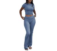 ZFLM Casual Workout Two Piece Outfits for Women Short Sleeve Crop High Waist Foldover Flare Pants Tracksuit Sets Streetwear, Haze Blue, S