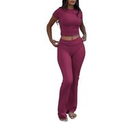 ZFLM Casual Workout Two Piece Outfits for Women Short Sleeve Crop High Waist Foldover Flare Pants Tracksuit Sets Streetwear, Angola Red, Small