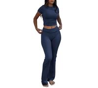 ZFLM Casual Workout Two Piece Outfits for Women Short Sleeve Crop High Waist Foldover Flare Pants Tracksuit Sets Streetwear, Navy Blue, XS
