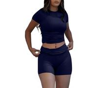 ZFLM Casual Workout Two Piece Outfits for Women Short Sleeve Crop High Waist Foldover Shorts Tracksuit Sets Streetwear, Navy Blue-short, S