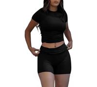 ZFLM Casual Workout Two Piece Outfits for Women Short Sleeve Crop High Waist Foldover Shorts Tracksuit Sets Streetwear, Black-short, M