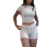 ZFLM Casual Workout Two Piece Outfits for Women Short Sleeve Crop High Waist Foldover Shorts Tracksuit Sets Streetwear, Heather Grey-short, XS