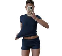 ZFLM Casual Workout Two Piece Outfits for Women Short Sleeve Crop High Waist Foldover Shorts Tracksuit Sets Streetwear, Navy Blue-short, XS