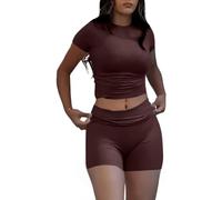 ZFLM Casual Workout Two Piece Outfits for Women Short Sleeve Crop High Waist Foldover Shorts Tracksuit Sets Streetwear, Coffee-short, XL