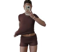 ZFLM Casual Workout Two Piece Outfits for Women Short Sleeve Crop High Waist Foldover Shorts Tracksuit Sets Streetwear, Coffee-short, XL