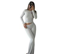 ZFLM Casual Workout Two Piece Outfits Long Sleeve High Waist Fold-over Flare Flared Leggings Pants Tracksuit Sets Streetwear, Heather Grey, Small