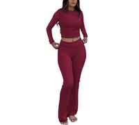 ZFLM Casual Workout Two Piece Outfits Long Sleeve High Waist Fold-Over Flared Leggings Pants Tracksuit Sets Streetwear, Angola Red, S