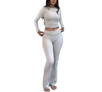 ZFLM Casual Workout Two Piece Outfits Long Sleeve High Waist Fold-Over Flared Leggings Pants Tracksuit Sets Streetwear, Heather Grey, XS