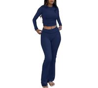 ZFLM Casual Workout Two Piece Outfits Long Sleeve High Waist Fold-Over Flared Leggings Pants Tracksuit Sets Streetwear, Navy Blue, S