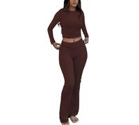 ZFLM Casual Workout Two Piece Outfits Long Sleeve High Waist Fold-Over Flared Leggings Pants Tracksuit Sets Streetwear, Coffee, L