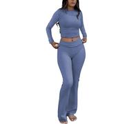 ZFLM Casual Workout Two Piece Outfits Long Sleeve High Waist Fold-Over Flared Leggings Pants Tracksuit Sets Streetwear, Haze Blue, XS