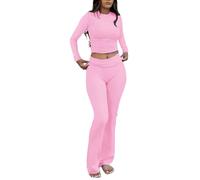 ZFLM Casual Workout Two Piece Outfits Long Sleeve High Waist Fold-Over Flared Leggings Pants Tracksuit Sets Streetwear, Pink, M
