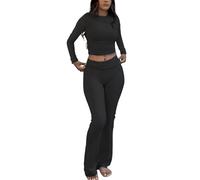 ZFLM Casual Workout Two Piece Outfits Long Sleeve High Waist Fold-Over Flared Leggings Pants Tracksuit Sets Streetwear, Black, L