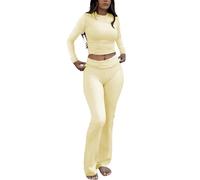 ZFLM Casual Workout Two Piece Outfits Long Sleeve High Waist Fold-Over Flared Leggings Pants Tracksuit Sets Streetwear, Light Yellow, M