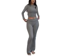 ZFLM Casual Workout Two Piece Outfits Long Sleeve High Waist Fold-Over Flared Leggings Pants Tracksuit Sets Streetwear, Dark Grey, XS