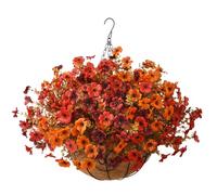 ZFProcess Artificial Fake Fall Hanging Plants Flowers Basket, Faux Silk Daisy in Planter Realistic UV Resistant for Outside Home Patio Balcony Yard Autumn Outdoor Decoration (Orange Brown Red)