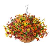 ZFProcess Artificial Fake Hanging Plants Flowers Basket, Faux Silk Daisy in Planter Realistic UV Resistant for Outside Home Patio Balcony Yard Mums Autumn Outdoor Decoration (Orange Brown Yellow)