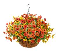 ZFProcess Artificial Faux Hanging Plants Flowers Basket for Fall Outdoor Decoration, Fake Silk Daisy in Planter Realistic UV Resistant Look Real for Porch Home Patio Balcony Yard(Red Orange Yellow)
