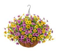 ZFProcess Artificial Faux Hanging Plants Flowers Basket for Spring Outdoor Decoration, Fake Silk Daisy in Planter Realistic UV Resistant Look Real for Porch Home Patio Balcony Yard(Purple Yellow)